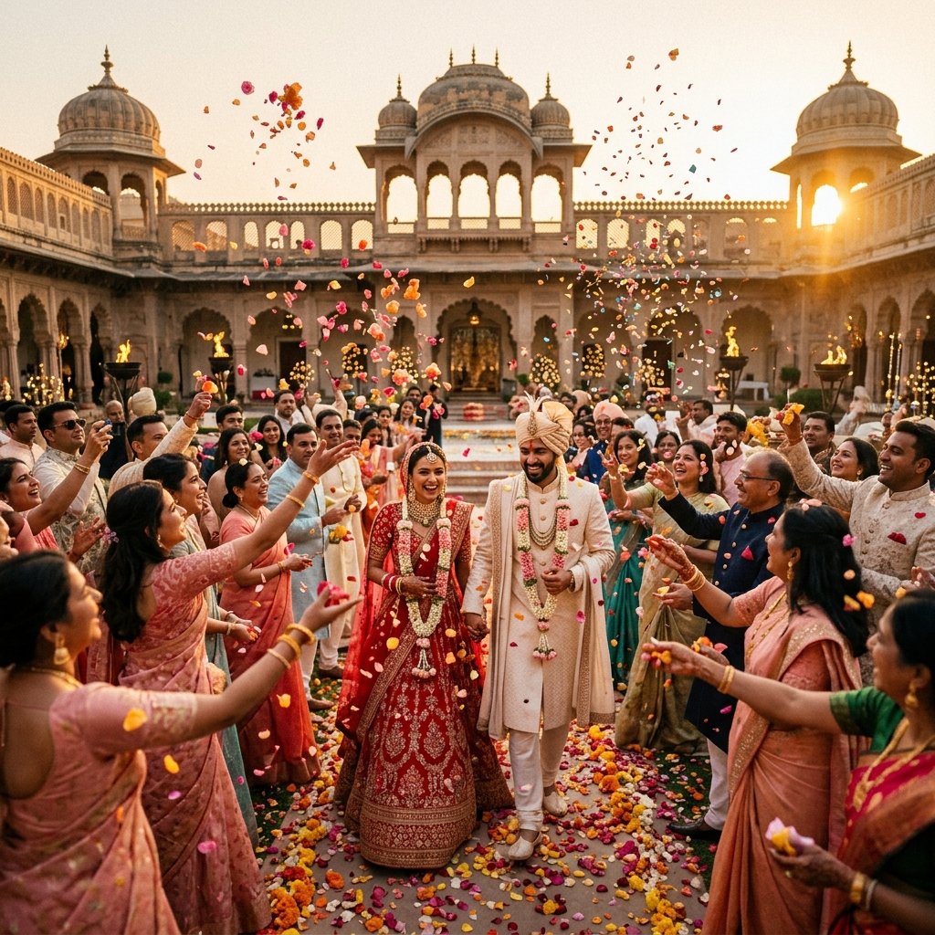 Wedding Guests Throwing Flower Petals