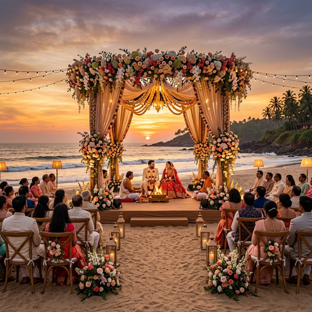 Sunset beachfront destination wedding ceremony decorated with pastel roses in Goa