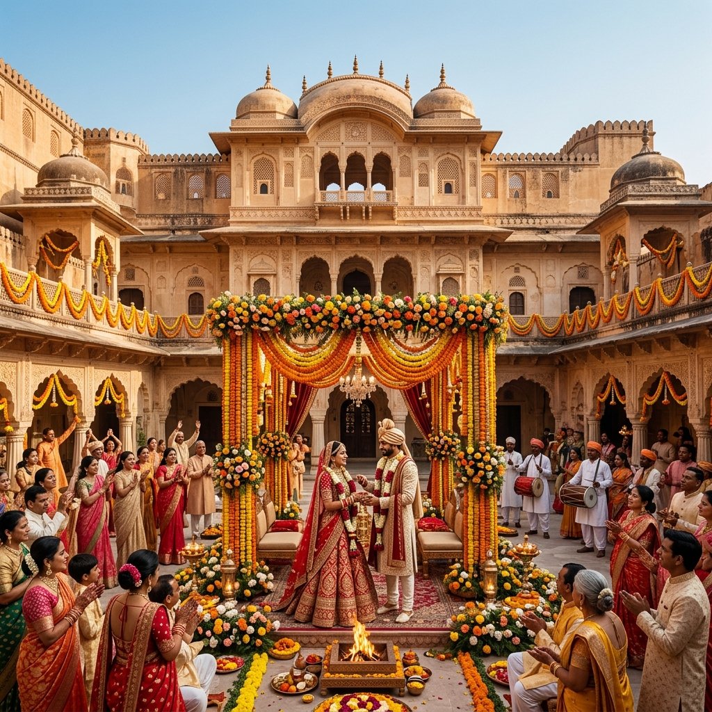 Newlywed Indian couple posing for a candid portrait outside a majestic heritage fort in Rajasthan