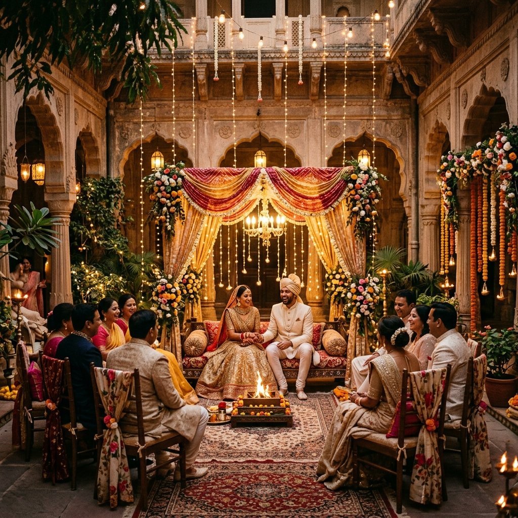 Vibrant yellow and pink floral decor setup for a luxury outdoor Haldi and intimate Mehendi ceremony