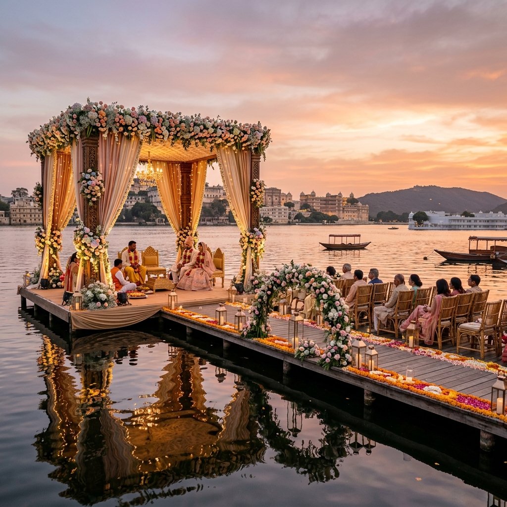Traditional Indian bridal entry under a floral phool chadar at a luxury lakefront wedding venue in Udaipur