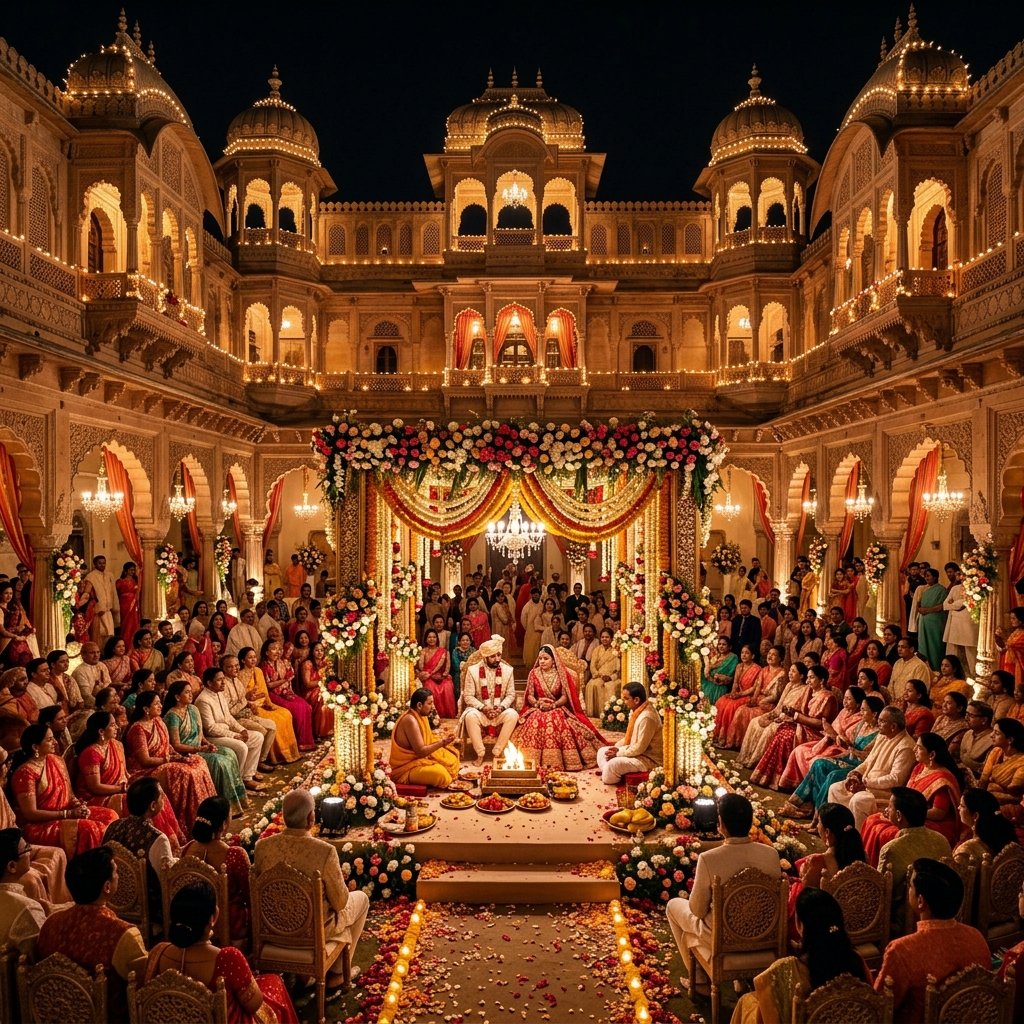 Luxury royal palace destination wedding setup featuring a grand floral mandap in Udaipur