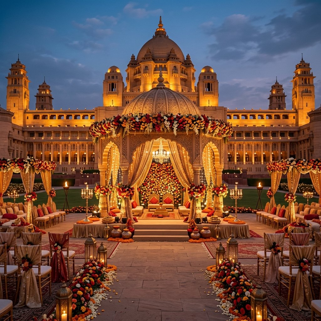 Luxury royal destination wedding mandap setup at a palace in Udaipur at sunset